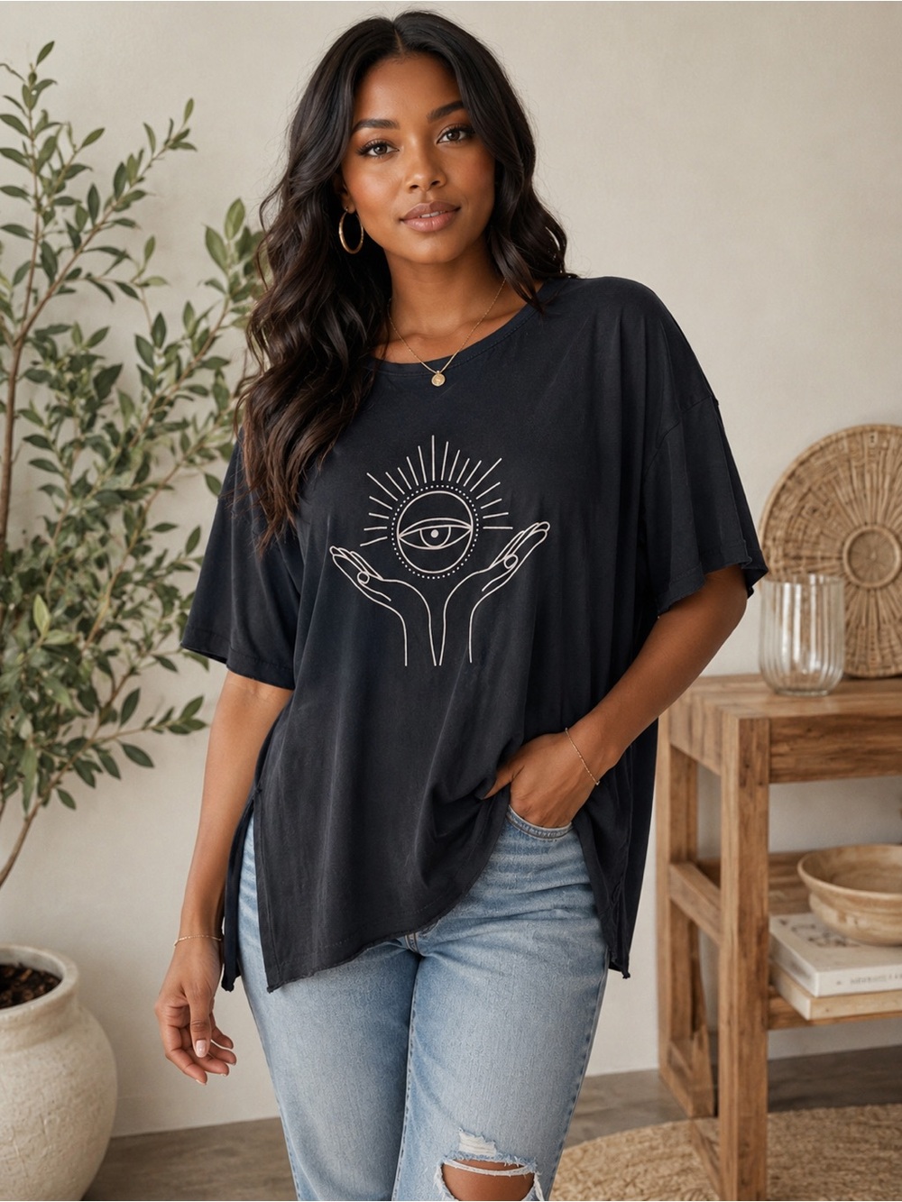 Black Graphic Short Sleeve Women's Tee with Mystical Eye